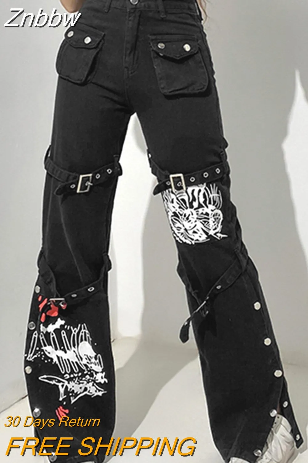Znbbw Women Y2K Black Punk Pants Buckle Harajuku Gothic Bandage Baggy Jeans Streetwear Pocket Goth Grunge Low Waist Women Cargo Pants