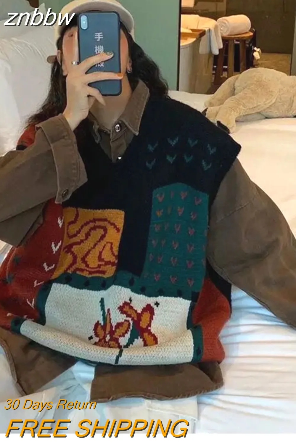 znbbw 2023 Autumn Street Style Patchowork Knit V Neck Women's Sweater Y2K Sleeveless Ladies Vest Winter Loose Female Clothing - Image 2