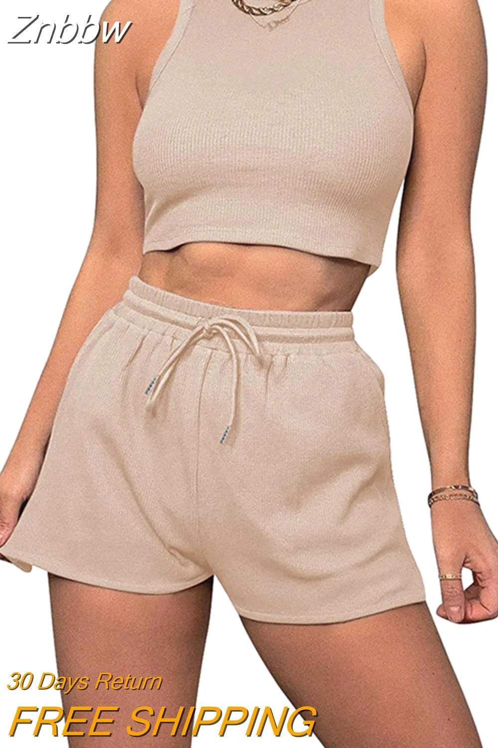 Znbbw women sets two pieces 2023 high quality Casual Waffle Knit Sleeveless Summer Outfits Matching High Waist Shorts Sets - Image 10