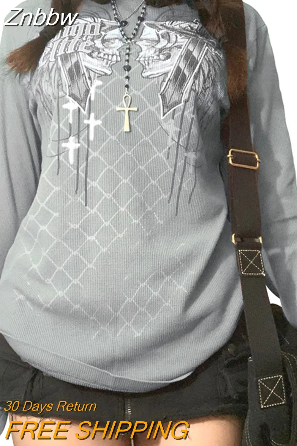 Znbbw Women Retro Skull Plaid Printed Long Sleeve Tshirts Fairycore Grunge Tee Vintage Y2K 2000S Aesthetic Tops Shirts Streetwear - Image 4