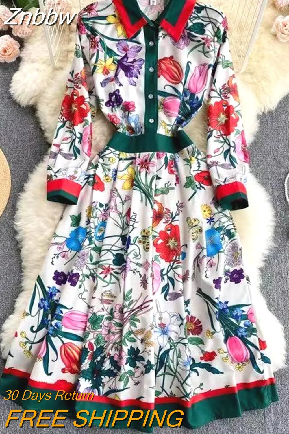 Znbbw 2023 Spring Autumn Fashion Runway Shirt Dress Women's Long Sleeve Elegant Floral Stripe Print OL Pleated Midi Dress