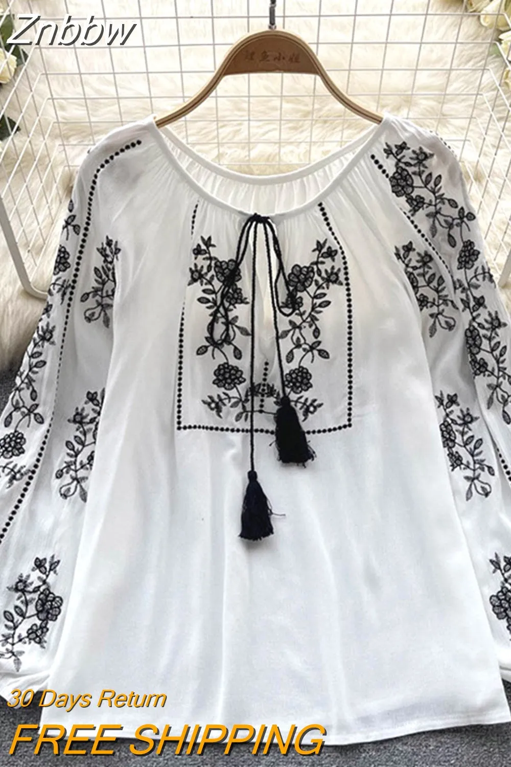 Znbbw Women Spring Summer Blouse French Printed Shirt New Loose Long Sleeve Design Small Retro Lantern Sleeve Embroidery Top D2532 - Image 5