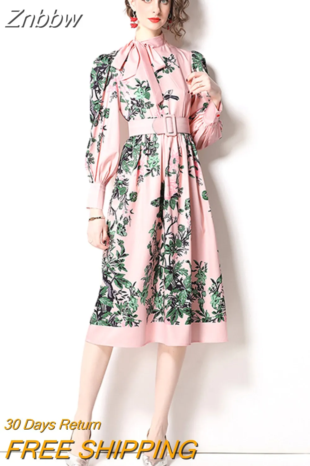 Znbbw Women Flower Midi Dress Spring Summer Bow Tie Collar Long Lantern Sleeve Chic Floral Print Sashes Party Vestidos N8207