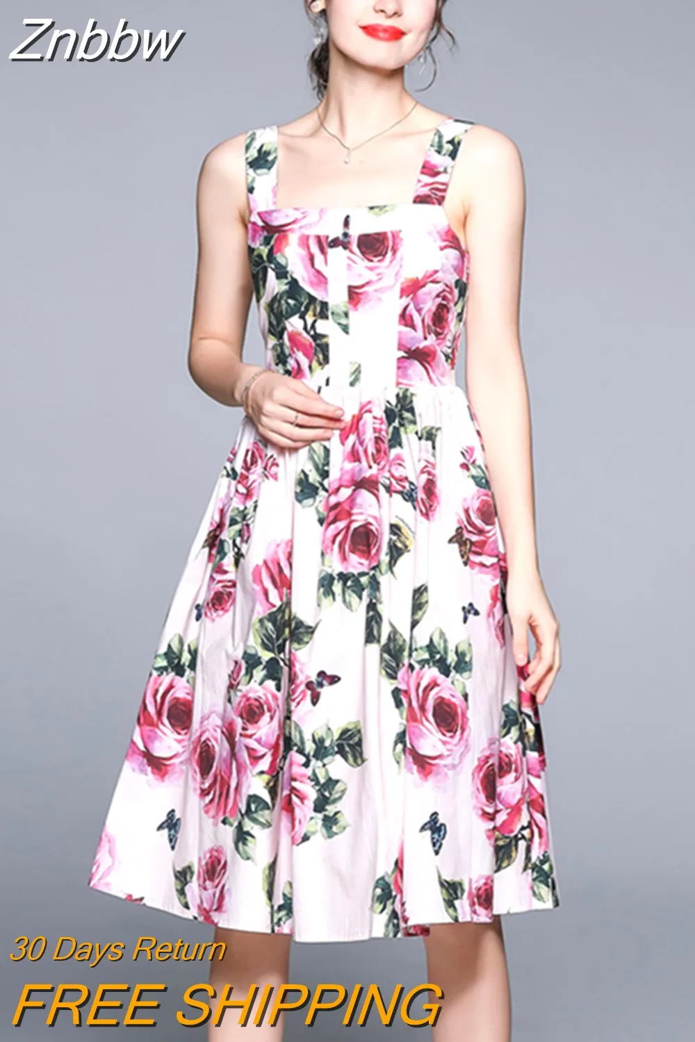 Znbbw Designer Women Dress High Quality 2023 Summer Runway Fashion Spaghetti Strap Backless Flower Print Boho Short Dress