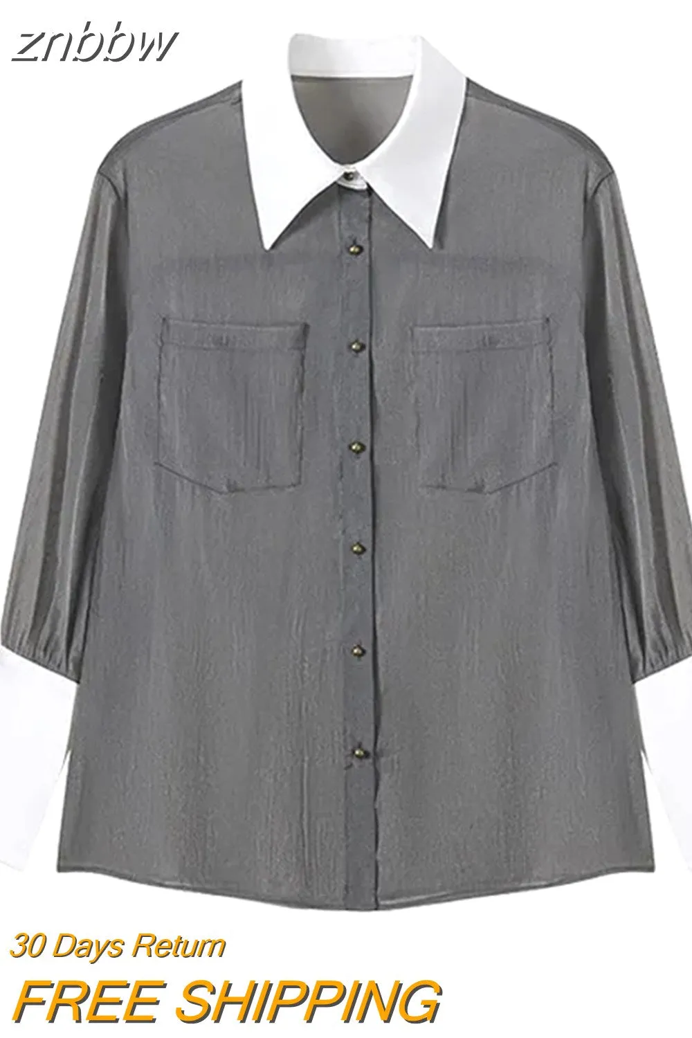 znbbw 2023 Summer Korea Style Long Sleeve Sheer Women Shirt Office Lady Loose Button Up Patchwork Woman Blouse Work Female Tops - Image 2