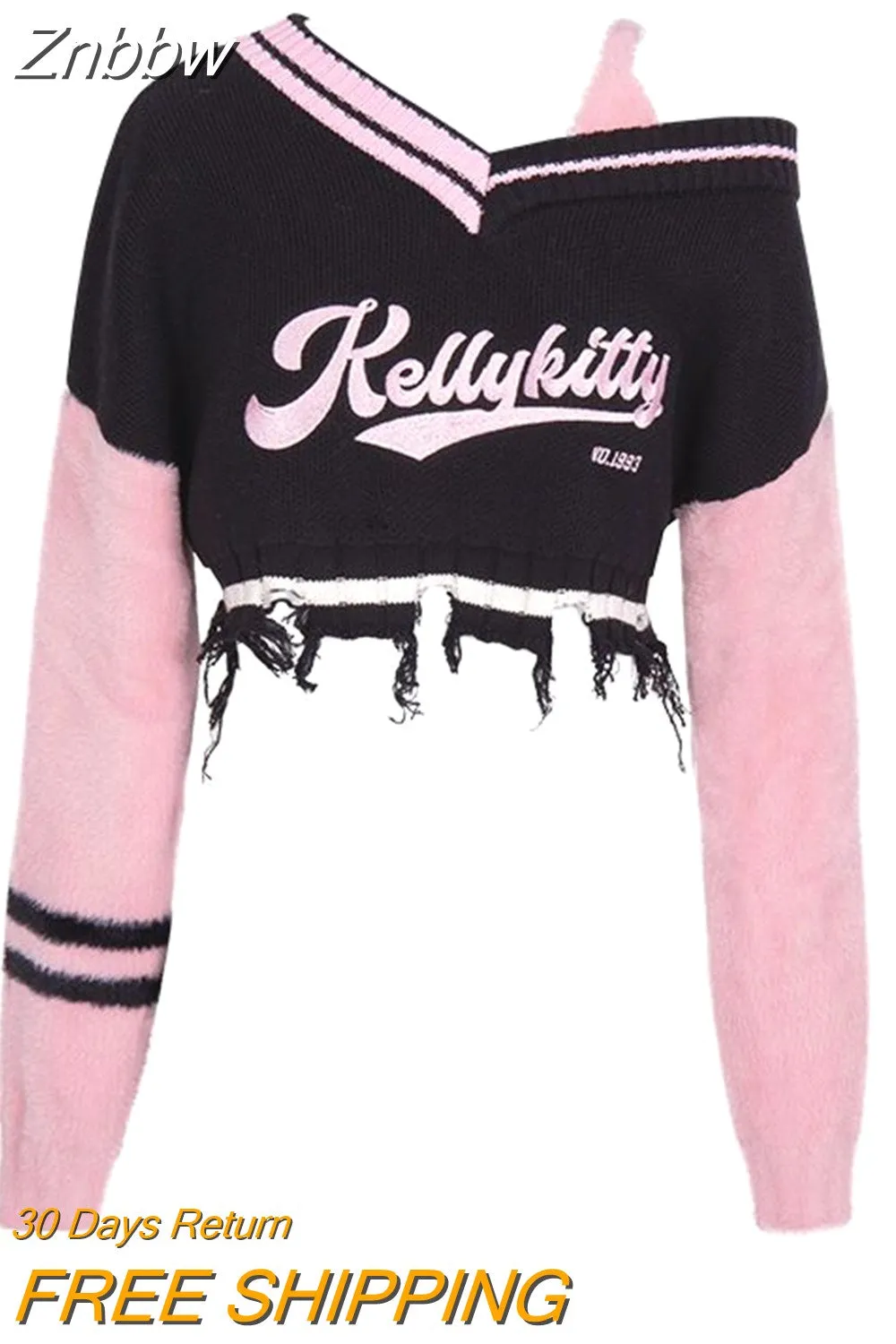 Znbbw Y2K Harajuku Pink Striped Cropped Sweater Women Fashion Embroidery Knitted Jumper Sexy V-neck Long Sleeve Pullover Tops - Image 2