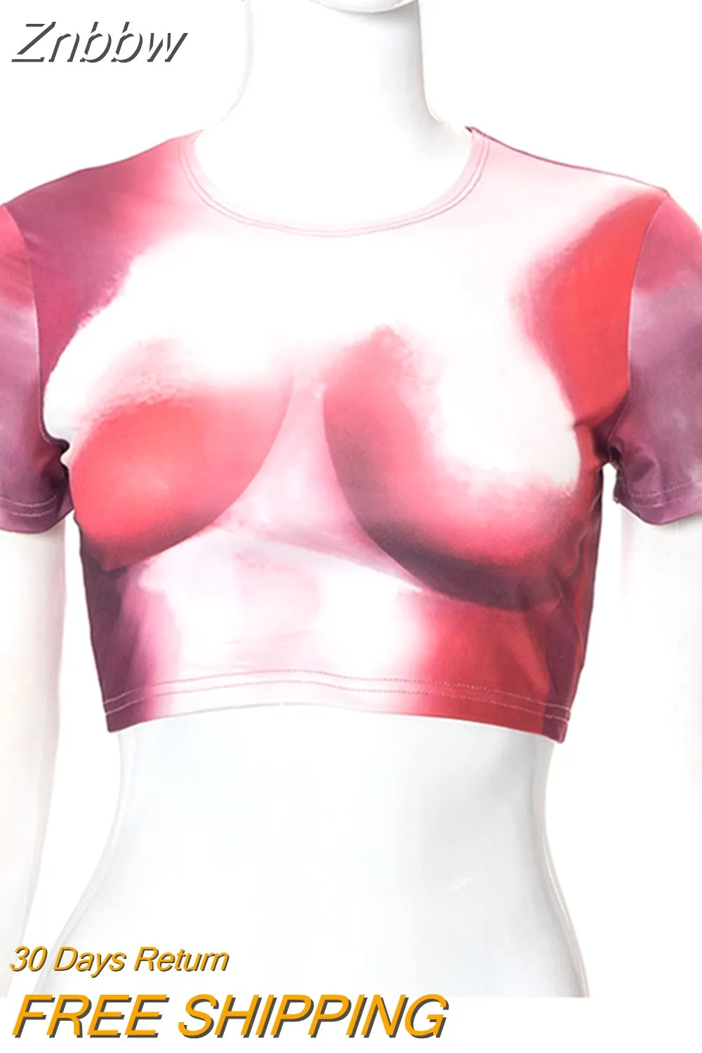 Znbbw Women Tie Dyed Printing Casual Cute Slim Tshirt 2023 Summer Round Neck Navel Exposed Crop Tee Shirt New Y2K Clothes - Image 3