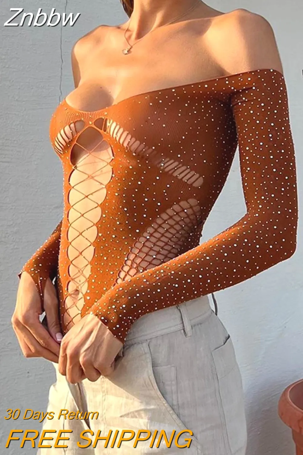 Znbbw Women??s Off Shoulder Bodysuit Shiny Rhinestone Long Sleeve Hollow Out Slim Fit Leotard Tops - Image 15
