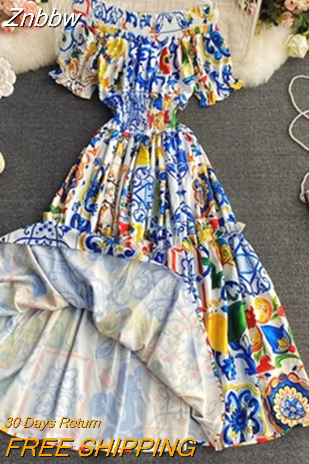 Znbbw 2023 Women Summer Bohemian Porcelain Printed Flower Dress Off Shoulder Puff Sleeve Elastic Waist Runway Midi Dress B7218