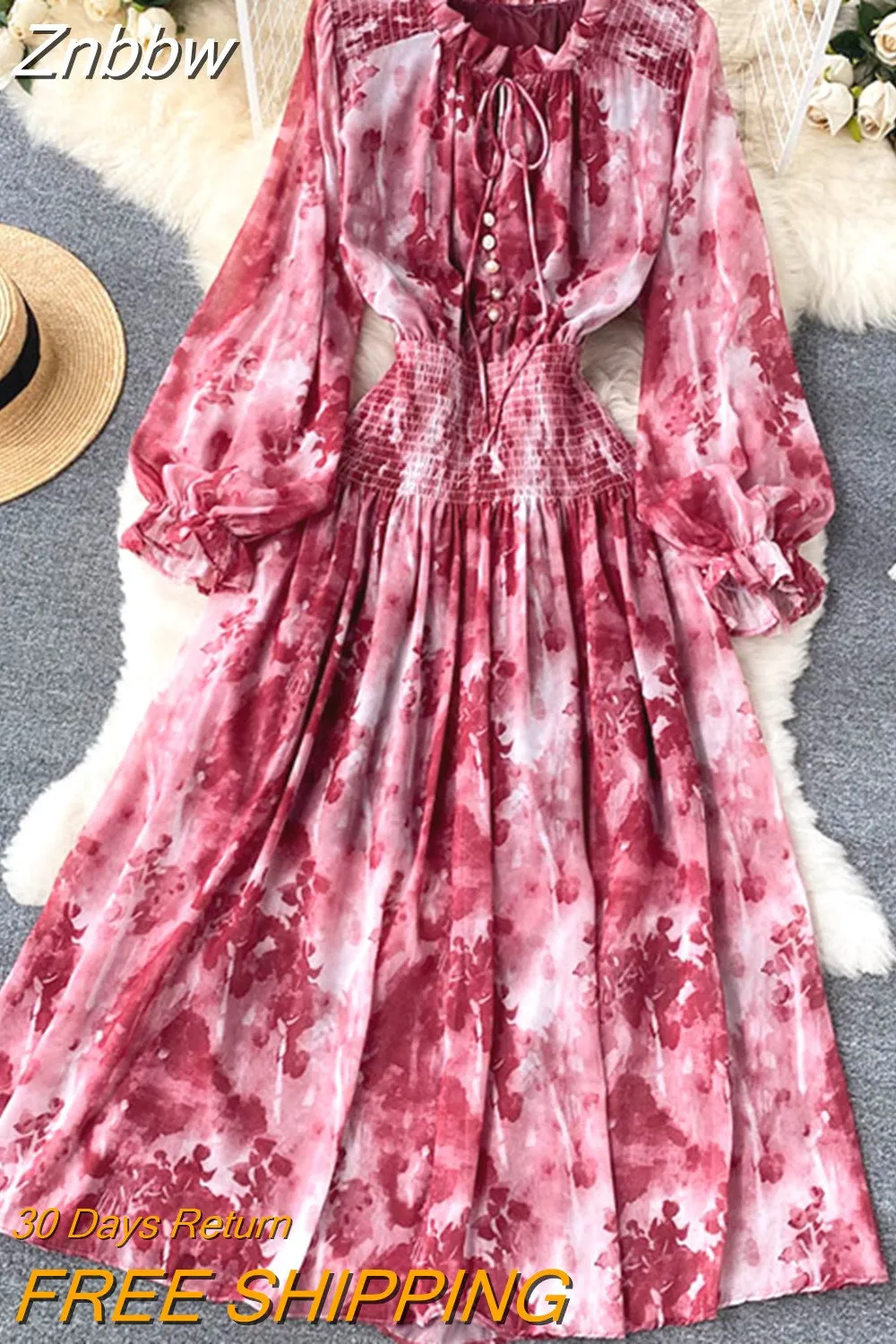 Znbbw Women Spring Autumn Winter Dress High Class Elegant Printing French Style Slim Bubble Sleeve Super Fairy Long Vestidos D2423 - Image 9