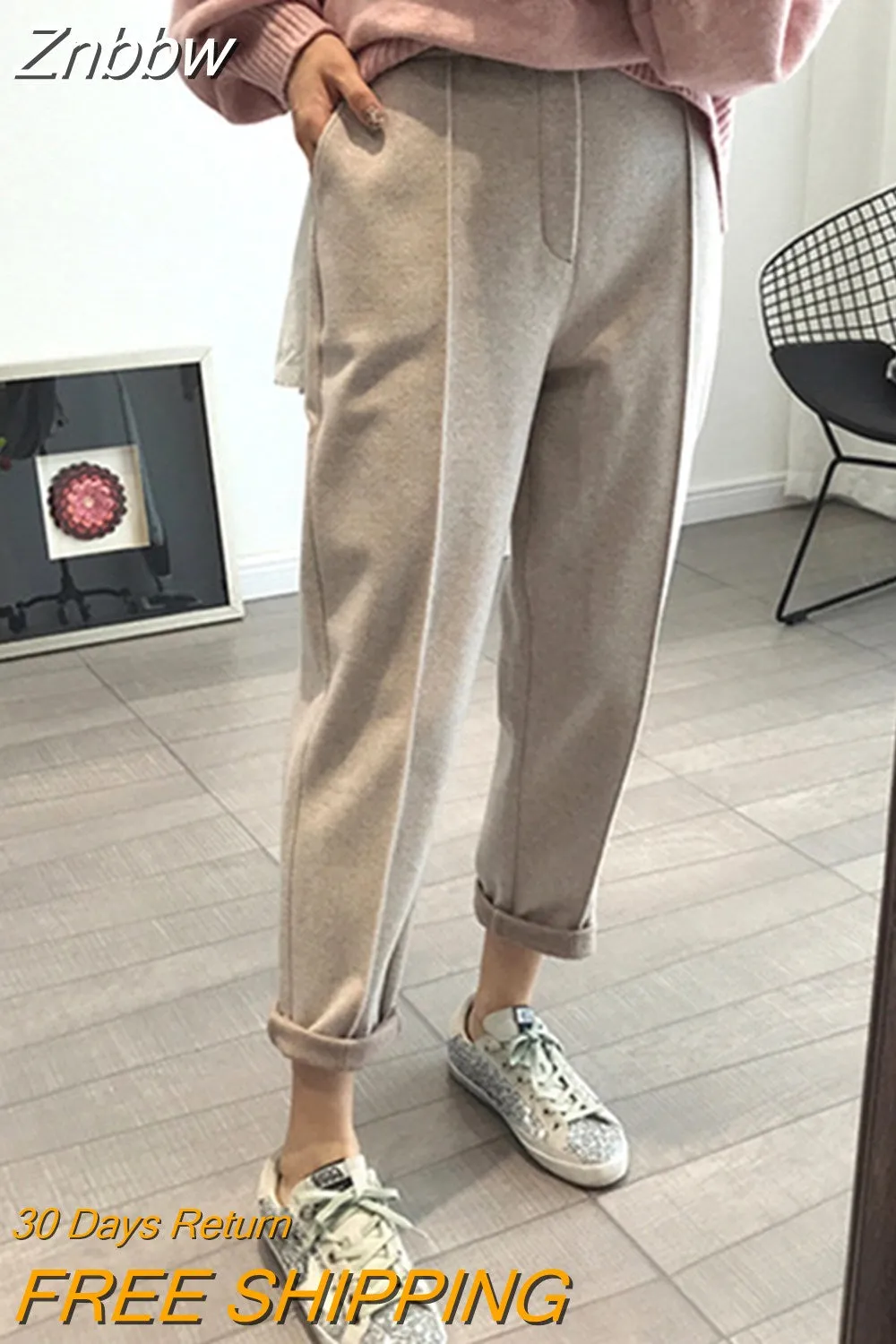 Znbbw Thicken Women Pencil Pants Wool Pants Female Autumn High Waist Loose Trousers Capris Good Fabric - Image 6