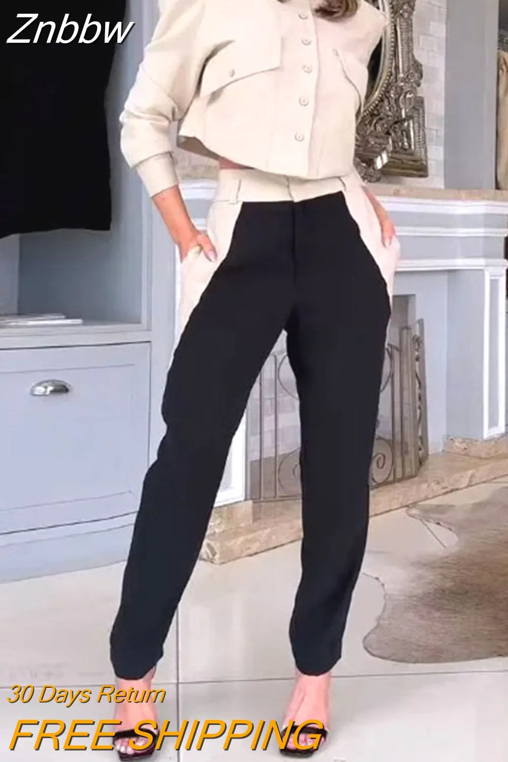 Znbbw Women Two Piece Set Summer Fashion Office Solid Lapel Patchwork Long Sleeve Top Casual With Pockets Pants Sets Streetwear