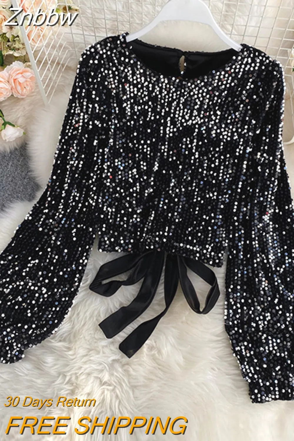 Znbbw WomenSpring Auttumn Blouse New All-match Sequins O-Neck Shirts Long-sleeved Open Back Lace-up Bow Short Tops Female Blusa GX1082