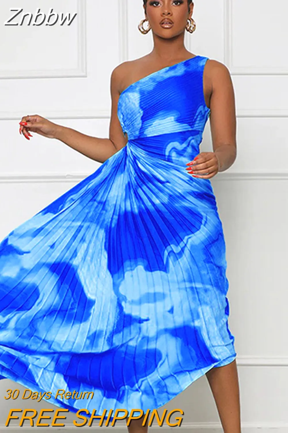 Znbbw Women Printing Single Shoulder A Line Midi Dresses Lady Vintage Hellow Out Long Dress 2023 Fashion Pressed Pleat Streetwear - Image 4