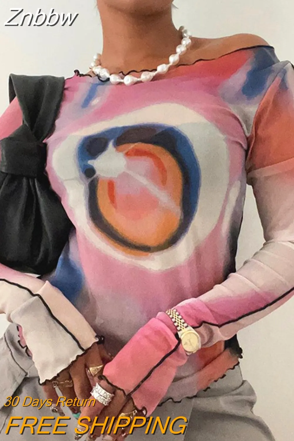 Znbbw Women Long Sleeve Graphic Mesh See Through T Shirt Tops Tees Streetwear 2023 Summer Clothes Wholesale Items For Business - Image 2