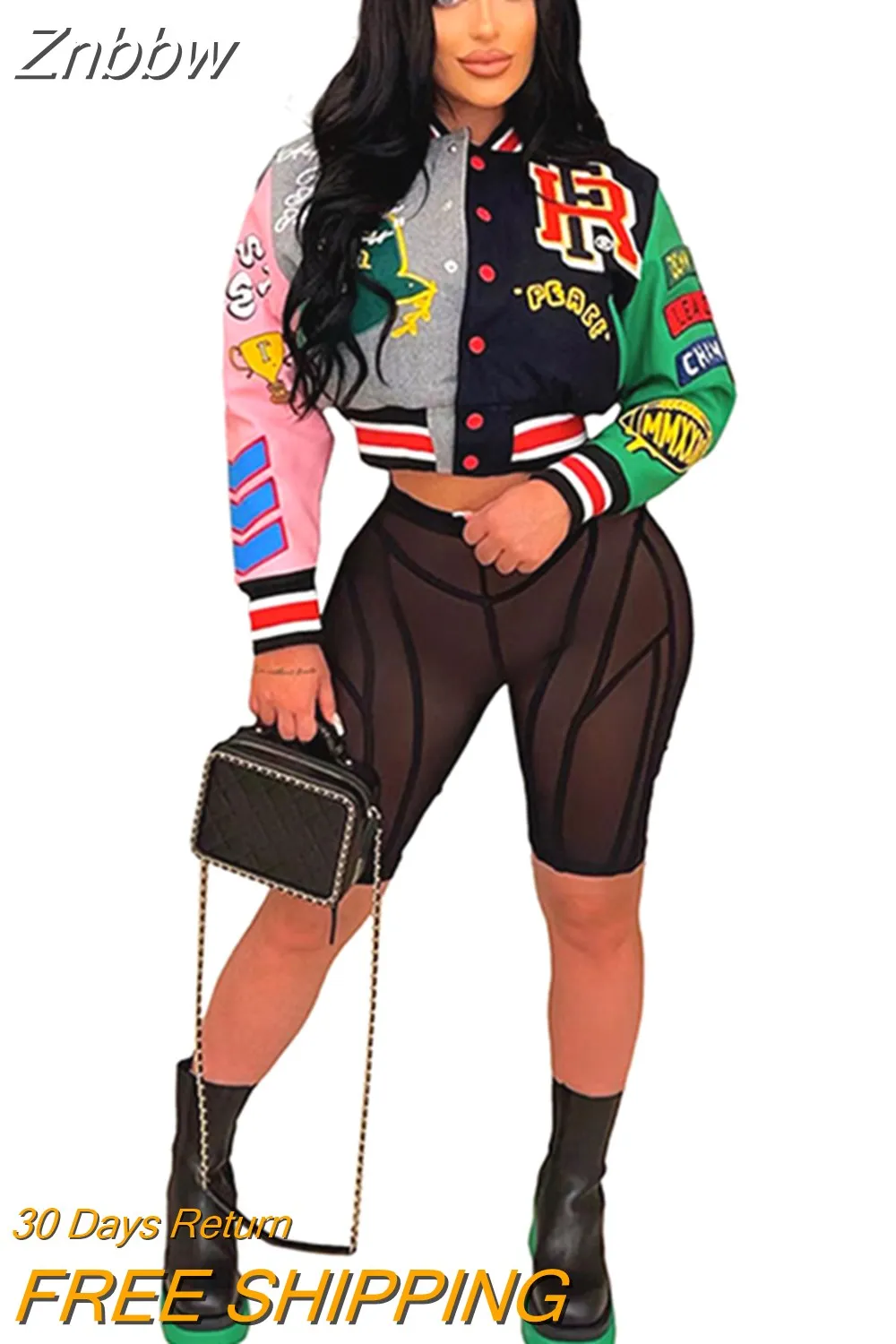 Znbbw Women Printed Thread Letter Baseball Jacket Spring Single Breasted Cropped Y2K Streetwear 2023 Racing Color Contrast Bomber Coat - Image 4