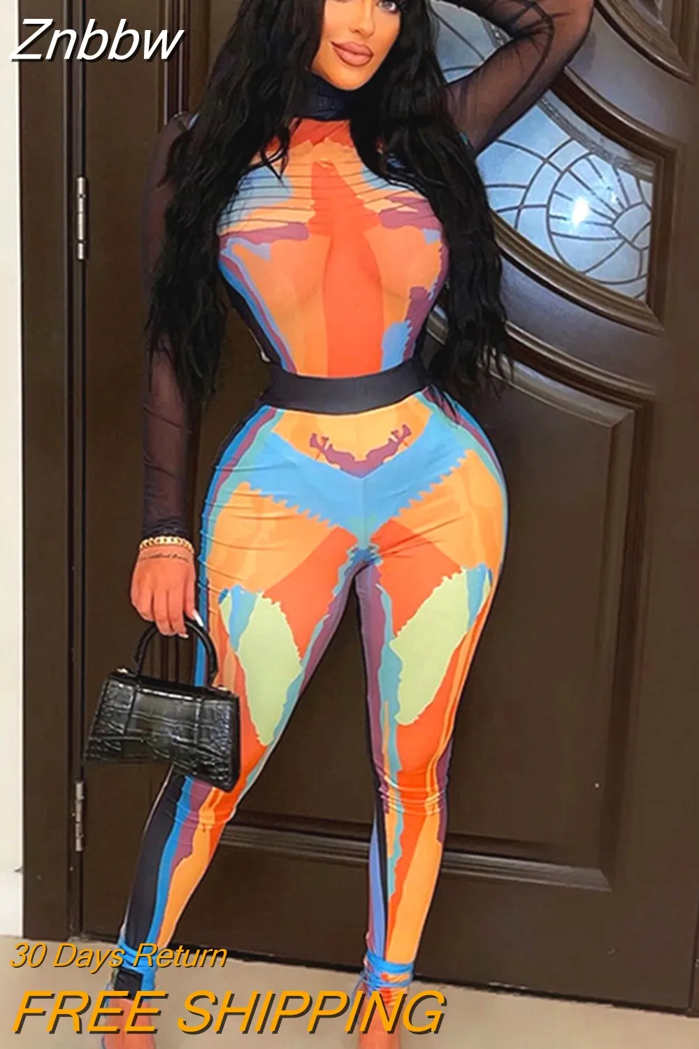 Znbbw Women Long Sleeve Mesh See Through T Shirt Tops Long Pant Two Piece Sets 2023 Fall Clothing Wholesale Items For Business - Image 4