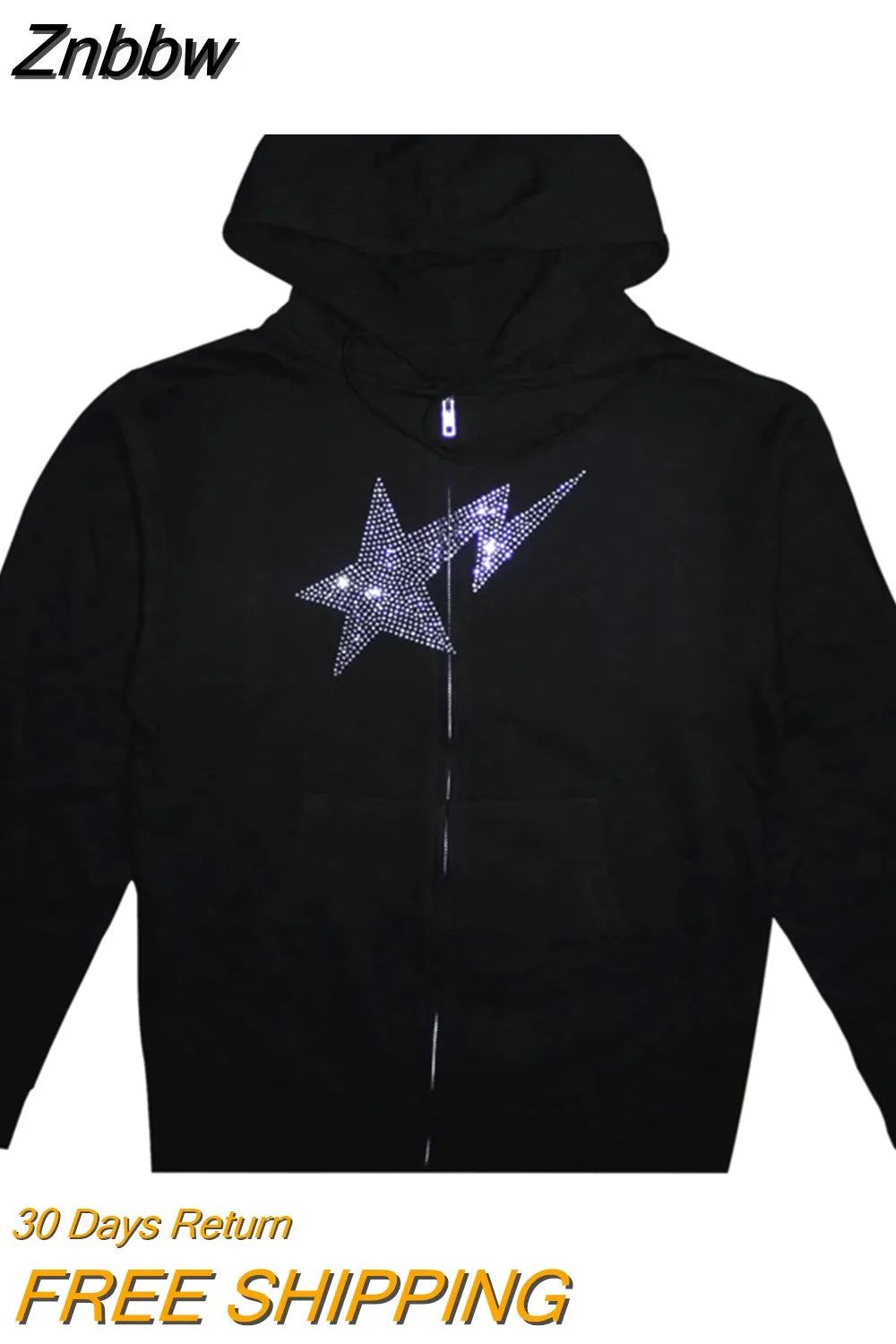 Znbbw Pullover Winter Fall Hoodie Casual Zip Jacket Hip Hop Men's Sweater Hoodies Meteor Rhinestone Printed Harajuku Streetwear