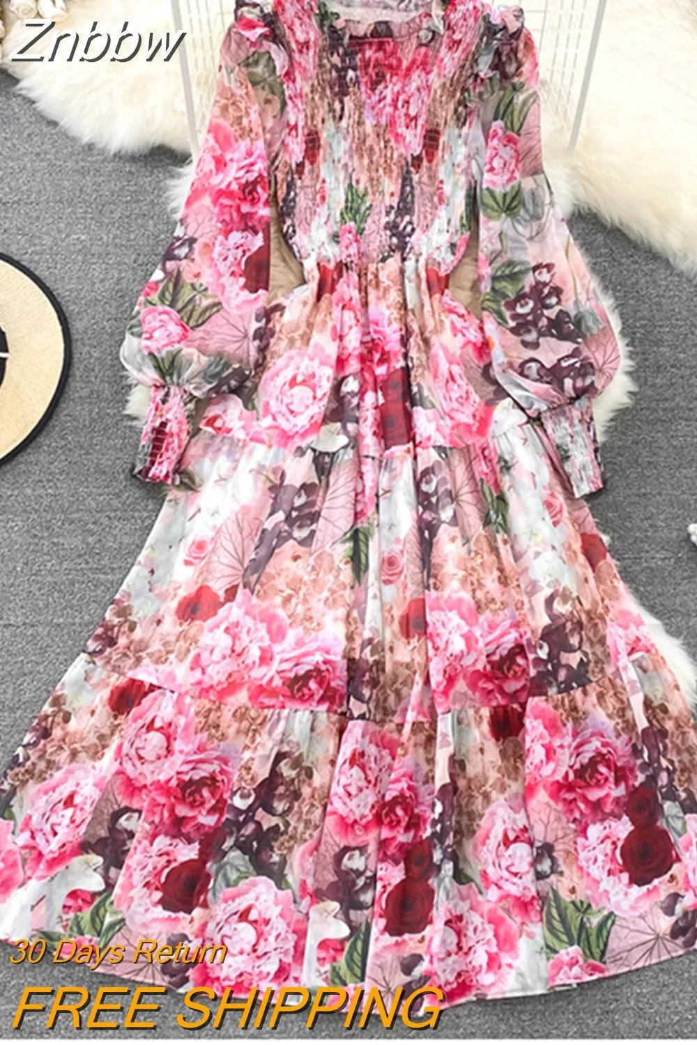 Znbbw Women's Spring Autumn Long Sleeved Chiffon Dress with Wooden Ear Edge Waist Closing Floral Holiday Big Hem Long Dress D2460