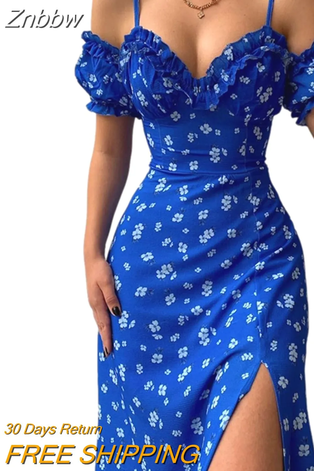 Znbbw New Summer Elegant Casual Floral Print Off Shoulder Split Dress Women Short Sleeve Slim Midi Dress for Club Party Holiday - Image 4