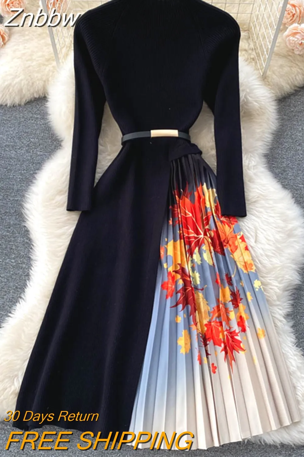 Znbbw Winter Elegant Knitted Patchwork Gradient Print Pleated Dress Women Long Sleeve Office One-Piece Sweater Dress With Belt - Image 11