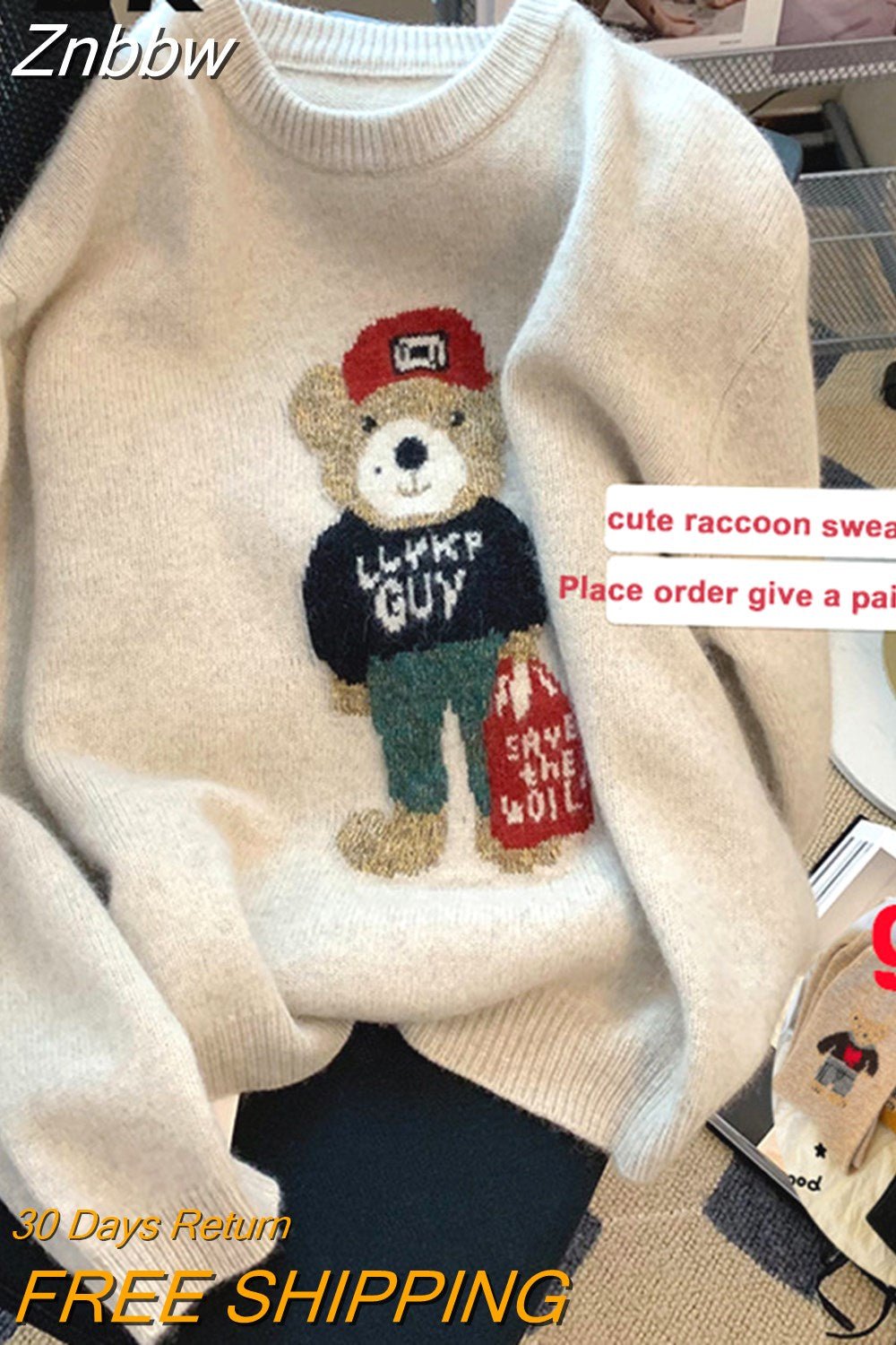 Znbbw Women Sweaters Autumn Winter Cartoon Bear O-neck Harajuku Patchwork Pullover Y2K Kawaii Long Sleeve knitted Soft Sweater Tops