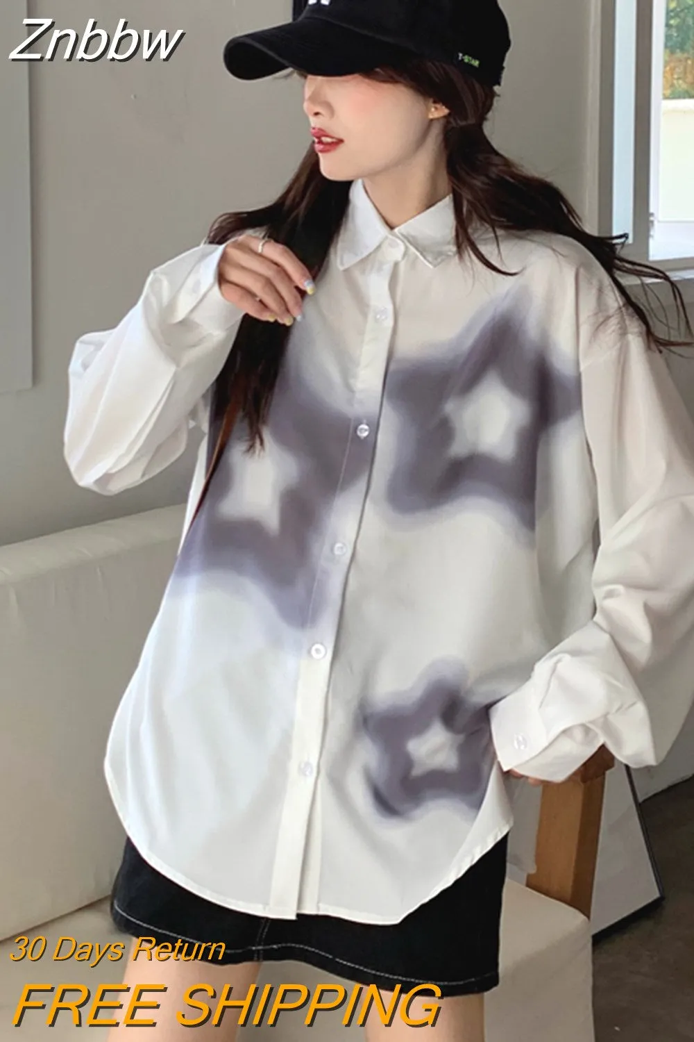 Znbbw Women's Star Printing Shirt 2023 Spring Contrast Color Long Sleeve Blouse Lapel Female All Match Clothing Top New - Image 2