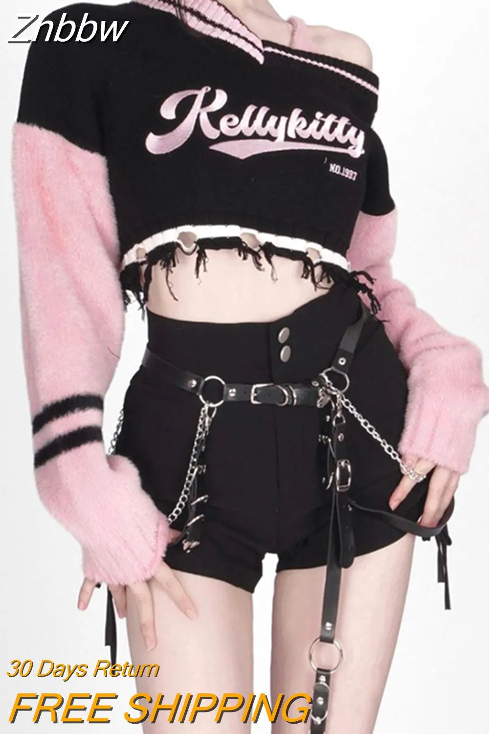 Znbbw Y2K Harajuku Pink Striped Cropped Sweater Women Fashion Embroidery Knitted Jumper Sexy V-neck Long Sleeve Pullover Tops
