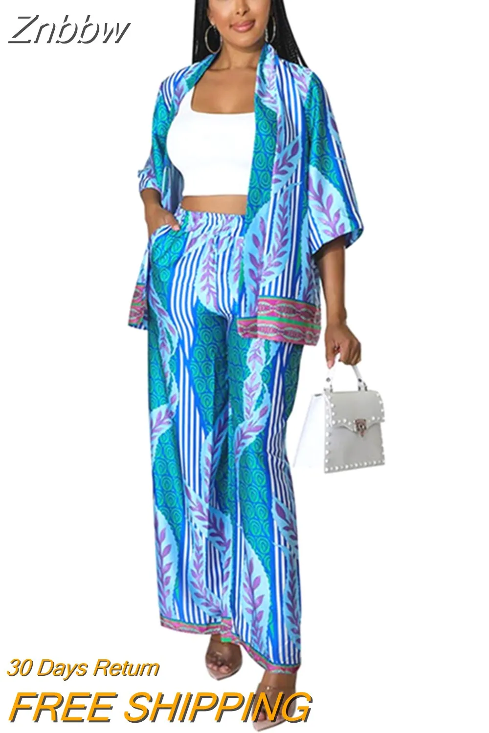 Znbbw Women Satin Print 2 Piece Sets 2023 Female Elegant Loose Tracksuit Outfits Casual Long Sleeve Blouse Tops And Wide Leg Pant Suit - Image 4