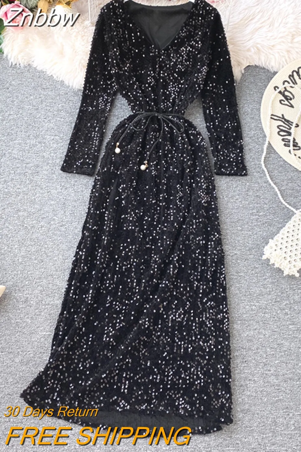 Znbbw Women's Party Dress Long-sleeved Dress New Sequin Temperament Banquet Host Elegant V-neck Waist Lacing Dress Sexy Dress Y454 - Image 4