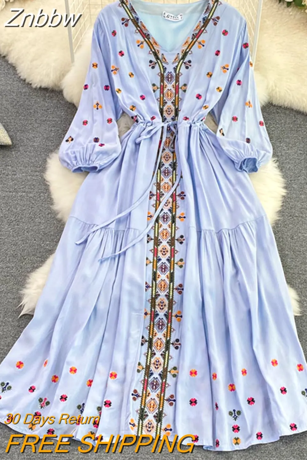 Znbbw retro ethnic style temperament embroidered puff sleeves V-neck waist a-line dress holiday big swing Vestidos Women D1577 - Image 6