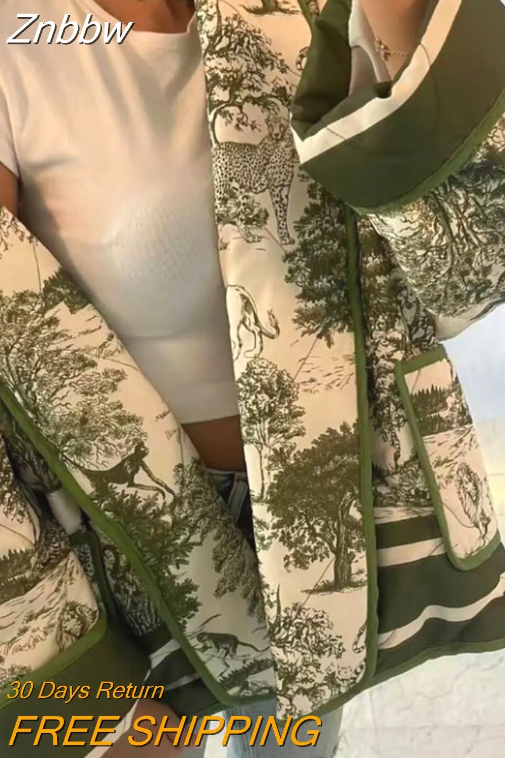 Znbbw Women's Casual Fashion Lapel Printed Cropped Cotton Jacket Elegant Long Sleeved Warm Outwear Female Vacation Streetwear 2023 - Image 8