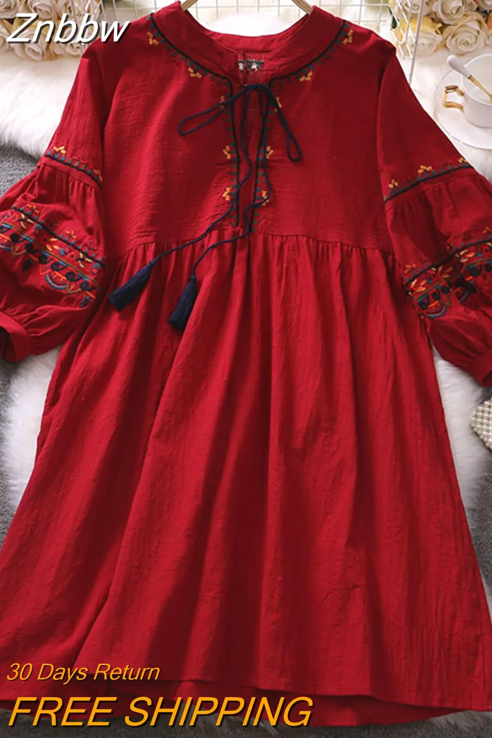 Znbbw Women Summer Dress Vintage Ethnic Embroidery V-neck Lace Up Foreign Style Lantern Sleeve Loose Temperament Dress D2799 - Image 5