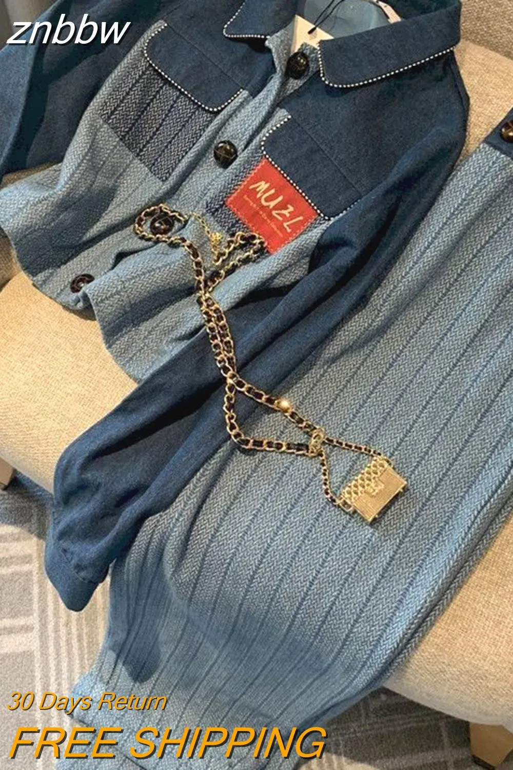 znbbw Women Two-piece Pant Set Imitation Denim Jacket + Wide Leg Long Trousers Casual High Street Fashion Office Lady Autumn 2023