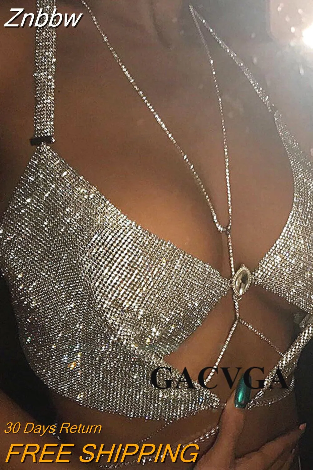 Znbbw 2023 Summer Crop Top Sexy Camisoles Women V-neck Crystal t-shirt Halter Tops Backless Bustier Metal Tank Top bts