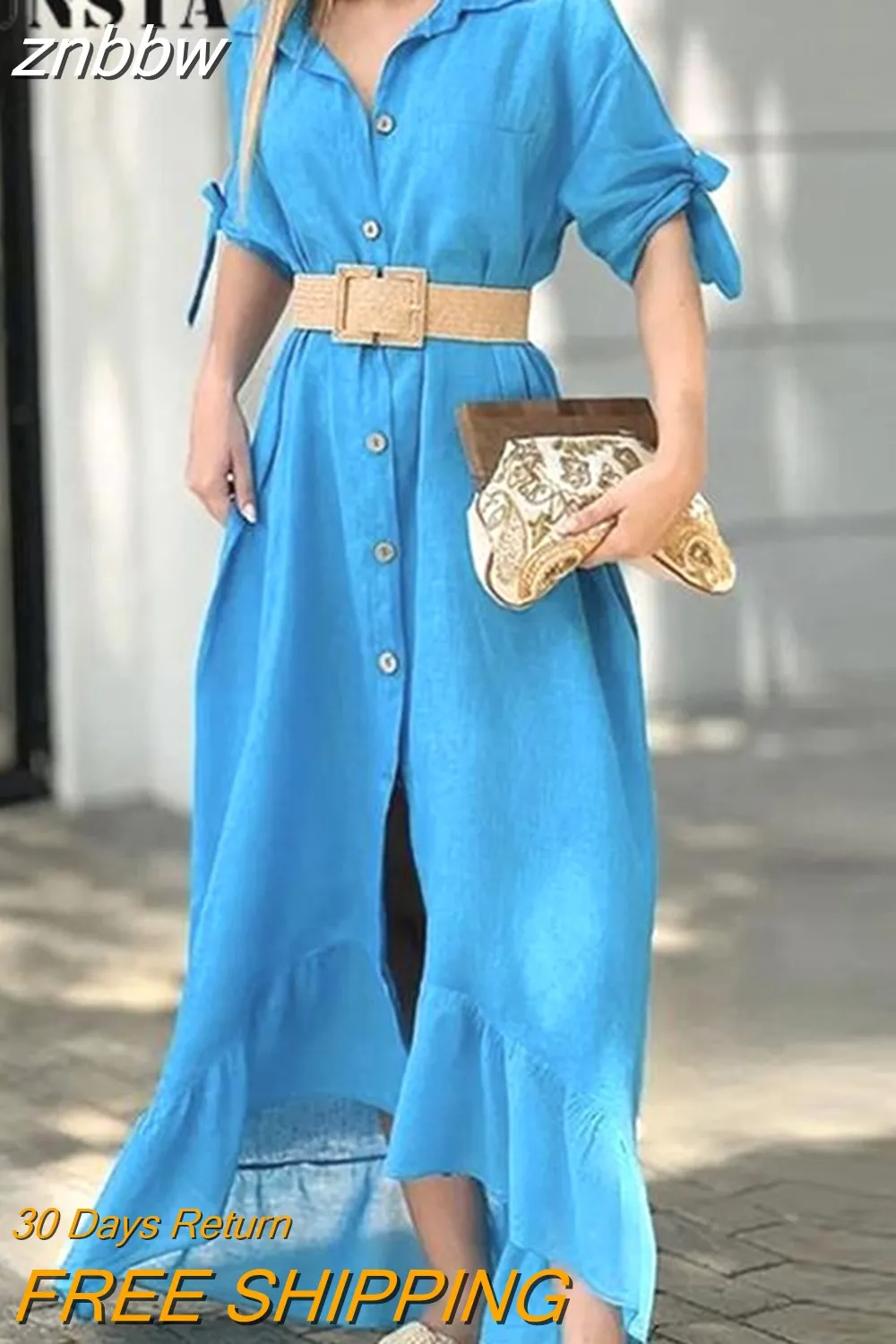 znbbw Women Short Sleeve Blue Dresses Summer New Solid Cotton Comfortable Long Shirt Dress Fashion Commute Turn-Down Collar Maxi Dress