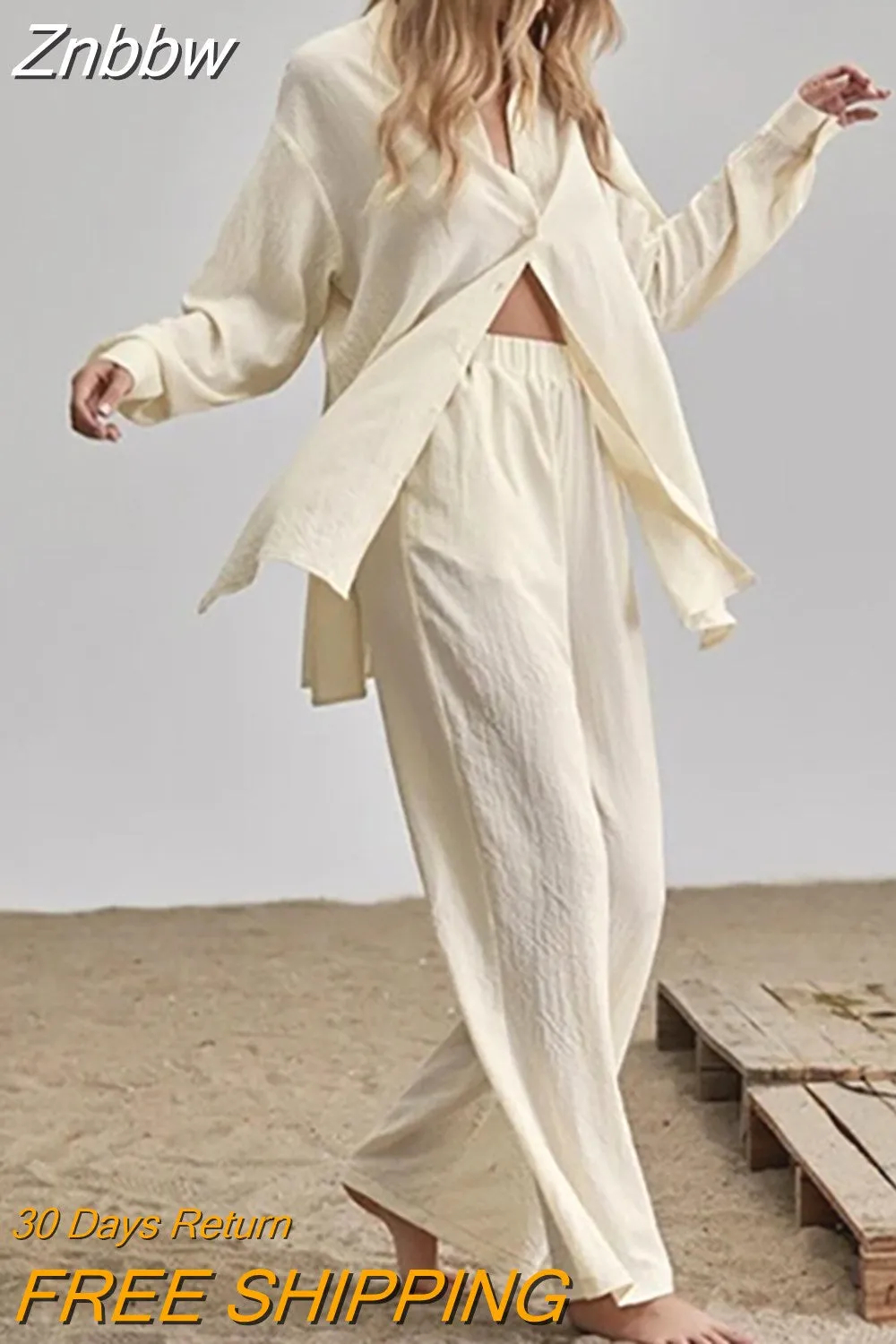 Znbbw Women 2 Pieces Set Long Sleeve Lapel Shirts And Elastic High Wasit Pants Summer Autumn Loose Elegant Women Sets Suit Outifits - Image 8