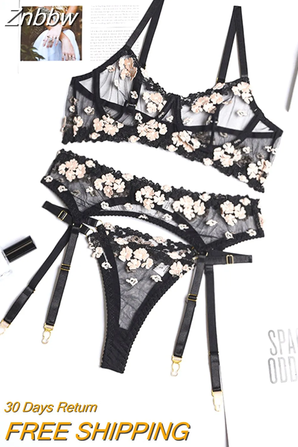 Znbbw Applique Women's Underwear Lingerie Set Sexy Underwear Set Bra with Bones 3 Piece Set Transparent Exotic Lingerie Sexy - Image 9