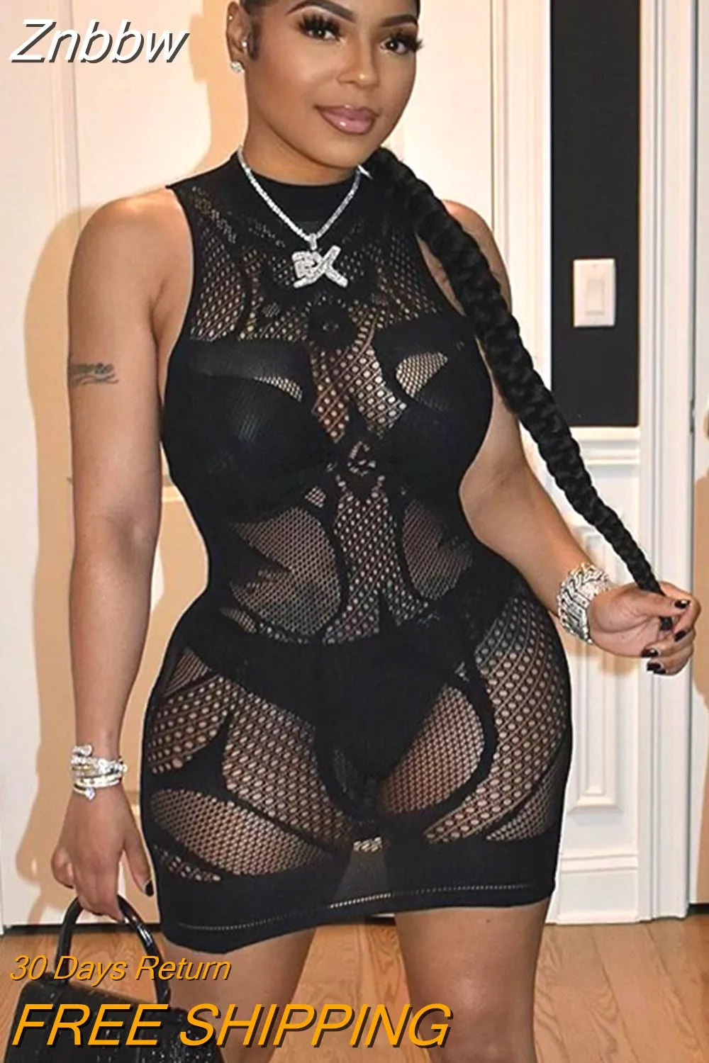 Znbbw Women Sexy Knitted See Through Party Club Bodycon Sleeveless Hollow Out Black Mini Dress 2023 Summer Clothes Streetwear - Image 2