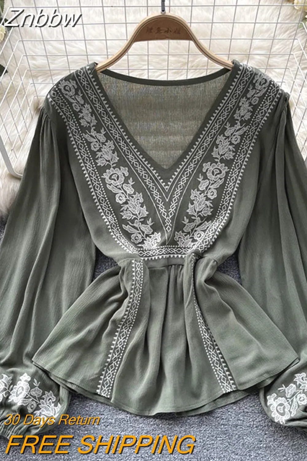 Znbbw Women Spring Summer Blouse French Minority Ruffle V-neck Lantern Sleeve Shirt Design Sense Printed Chic Temperament Top D2531 - Image 7