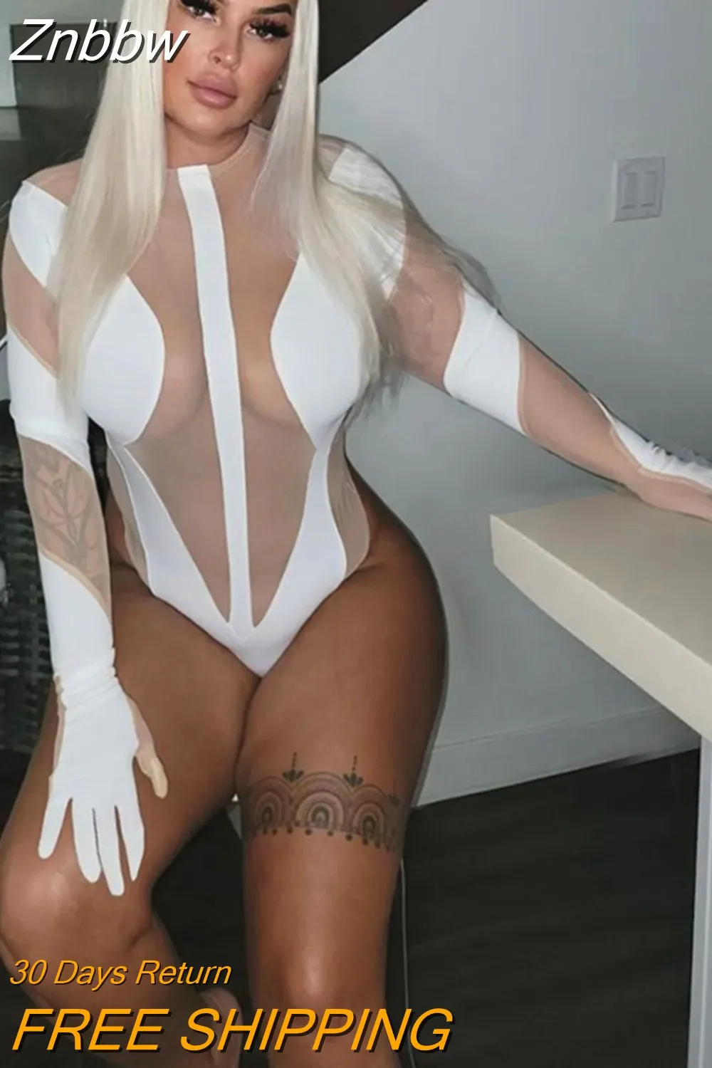 Znbbw Women Long Sleeve Mesh See Through Bodycon Club T Shirt Tops Bodysuit 2023 Fall Clothing Wholesale Items For Business - Image 5