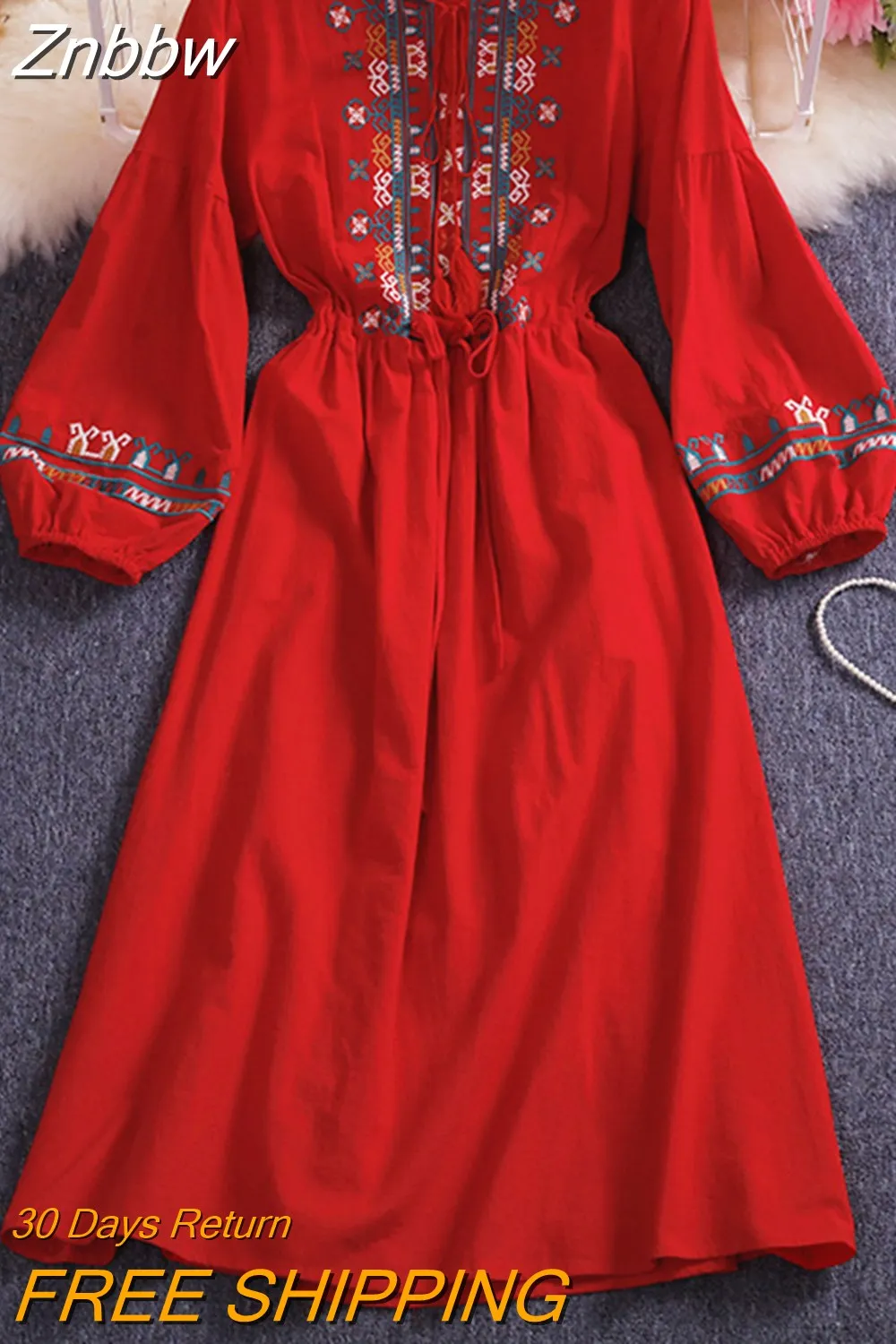 Znbbw Autumn Women Dresses Bohemian Embroidered Flower O-Neck Lantern Sleeve High Waist Dress All-match Female Vestidos GD629 - Image 5