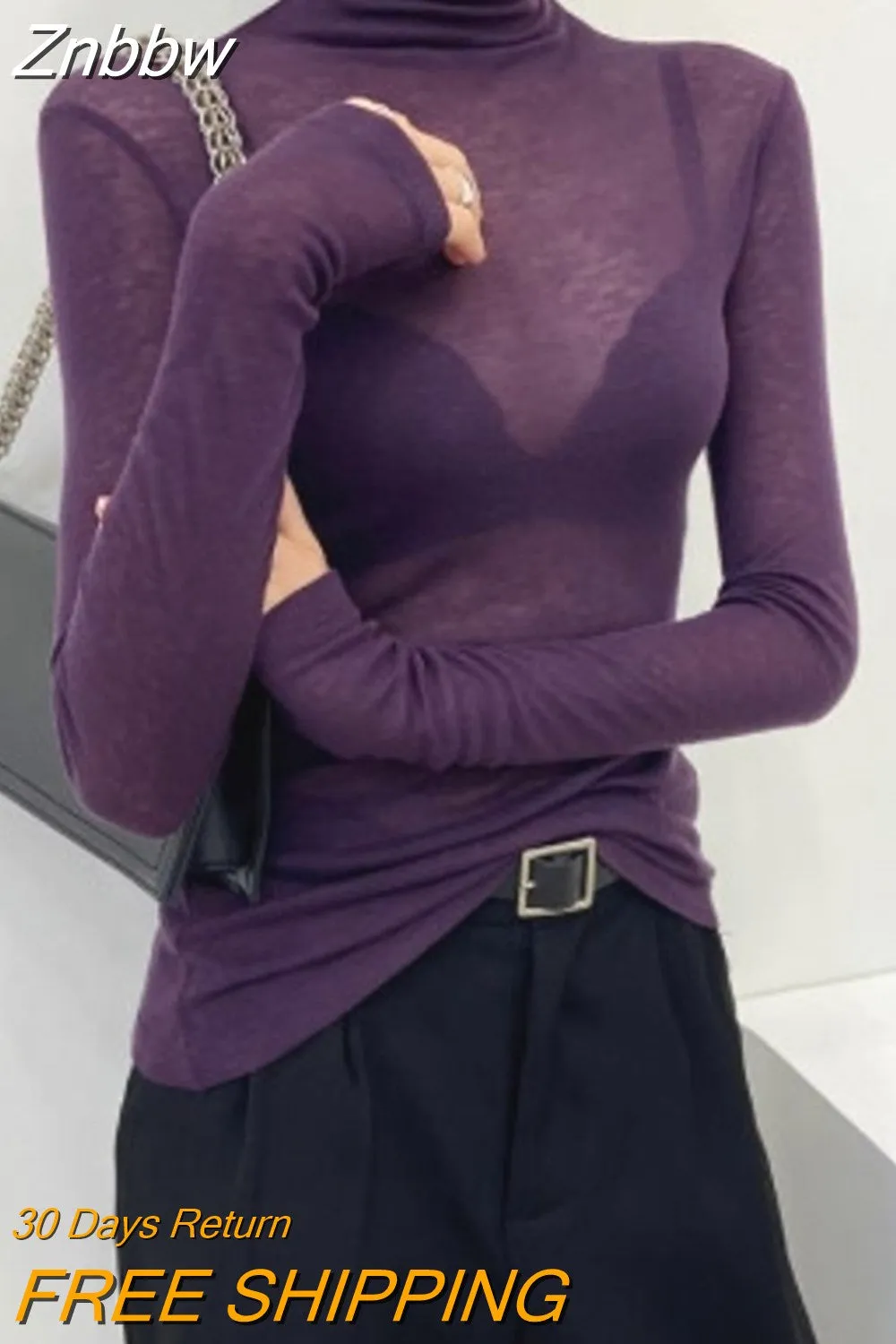 Znbbw Y2K Fashion Solid Turtleneck T Shirt Women Harajuku Sexy See Through Long Sleeve Tee Slim All-match Basic Pullover Tops - Image 3