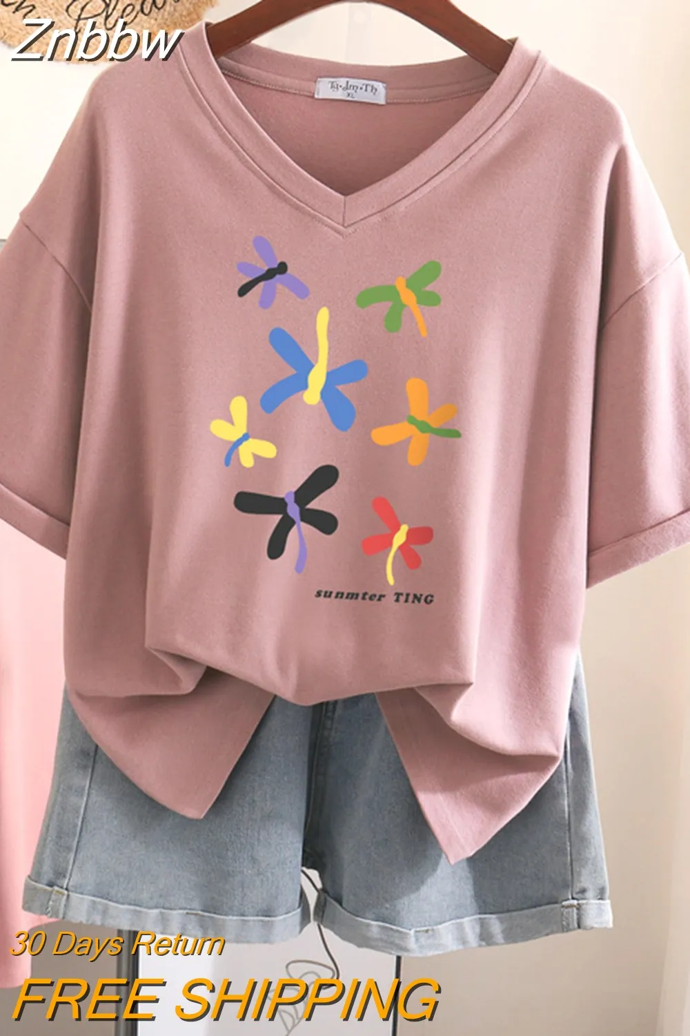 Znbbw 100% Cotton L-5XL T Shirt Plus Size Tshirt Short Sleeve Cartoon Women Top Summer Sweet Couple V Neck Oversized T Shirts - Image 2