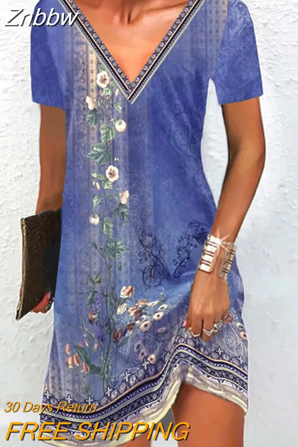 Znbbw Women Retro Floral Print Dresses Summer Elegant Boho Sexy V-Neck Short Sleeve Dresses Female Casual Holiday Midi Dress Vestidos - Image 4