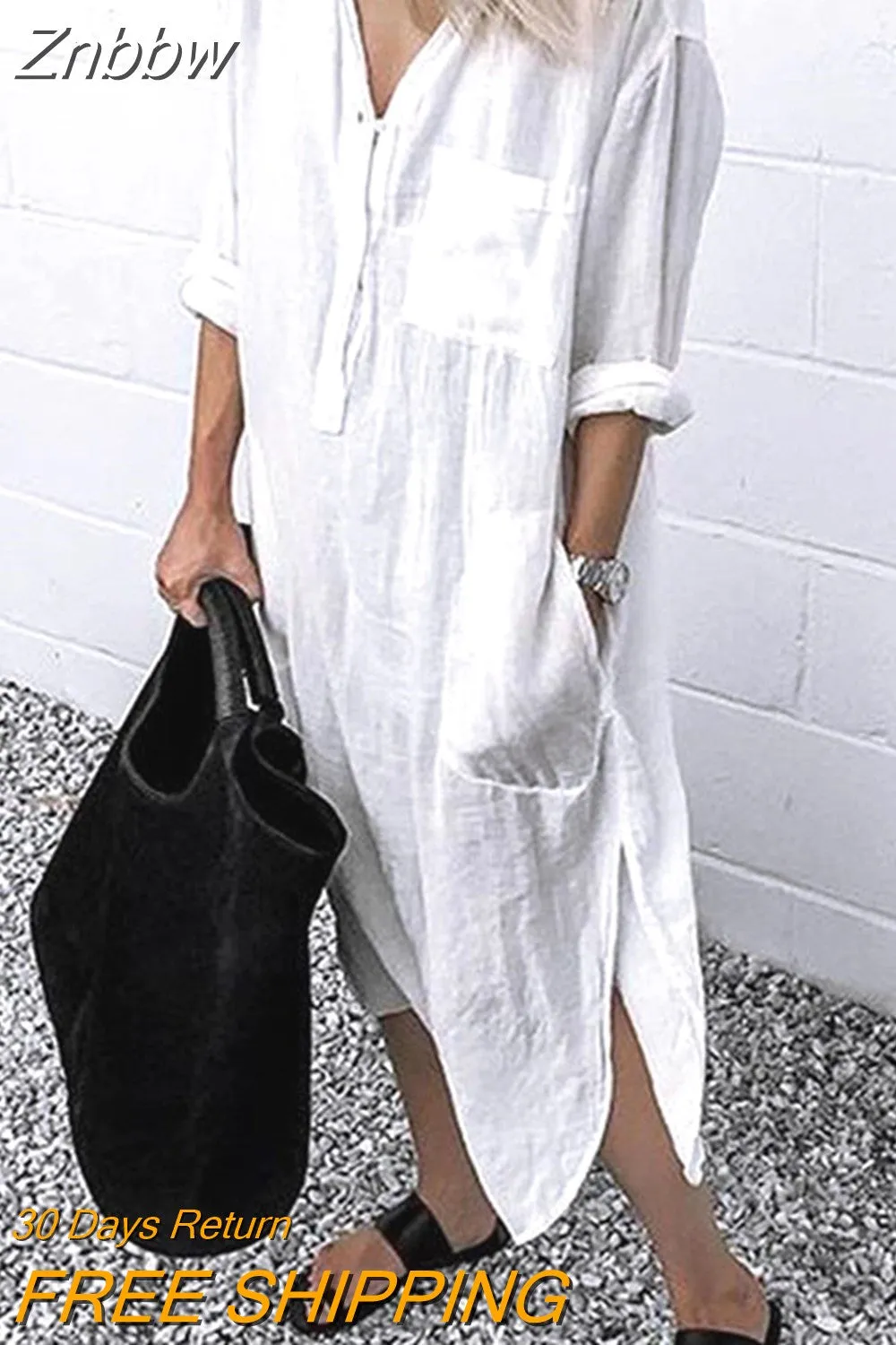 Znbbw Women Lapel Long Sleeve Shirt Dress Summer Solid Color Slit Pocket Button Shirt Female Casual Holiday Beach Party Loose Dresses - Image 6