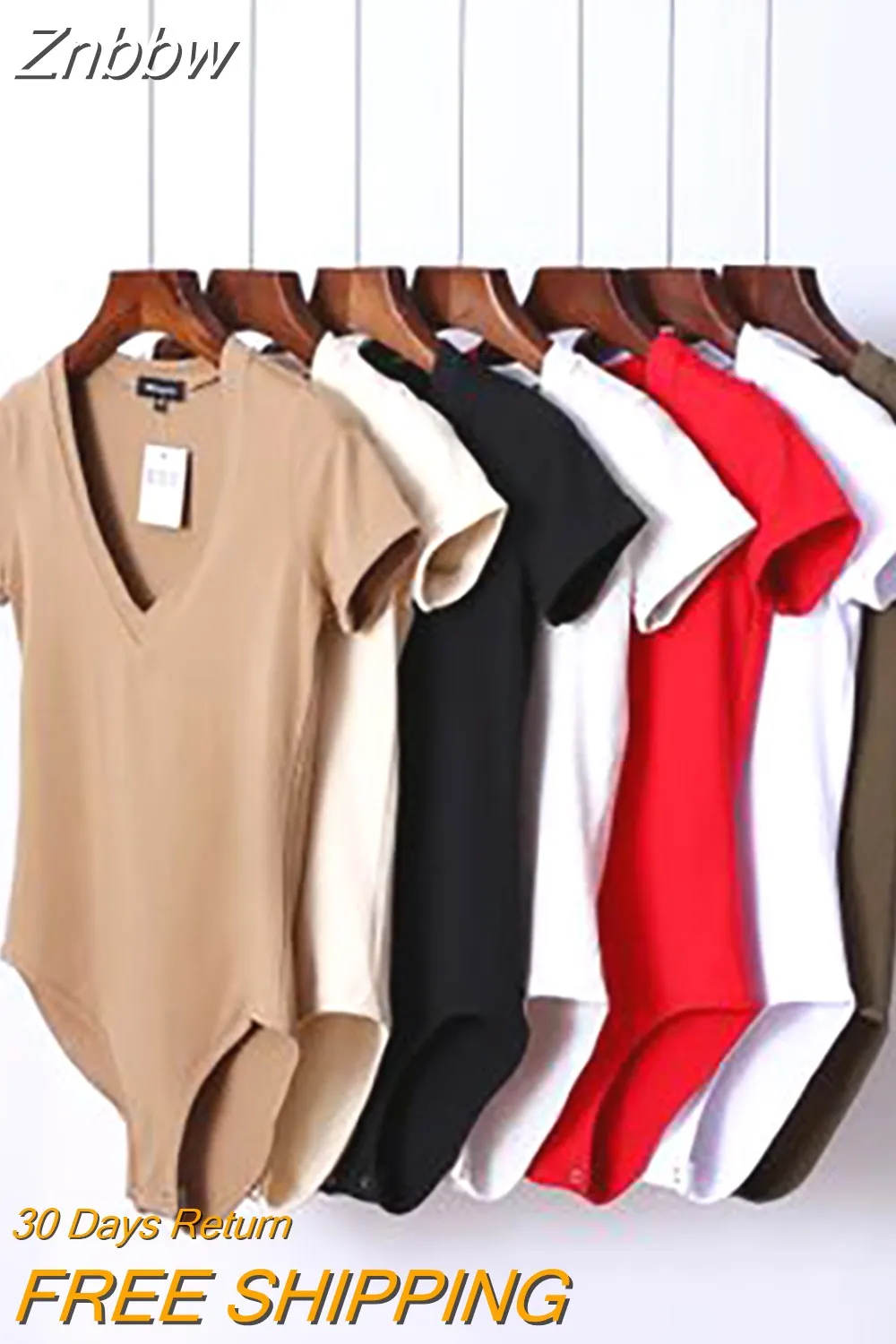 Znbbw Summer New Solid Color Sexy Big V-neck Slim Fashion Slimming One-Piece Short-Sleeved Top Women One-Piece Shirt Dropshipping