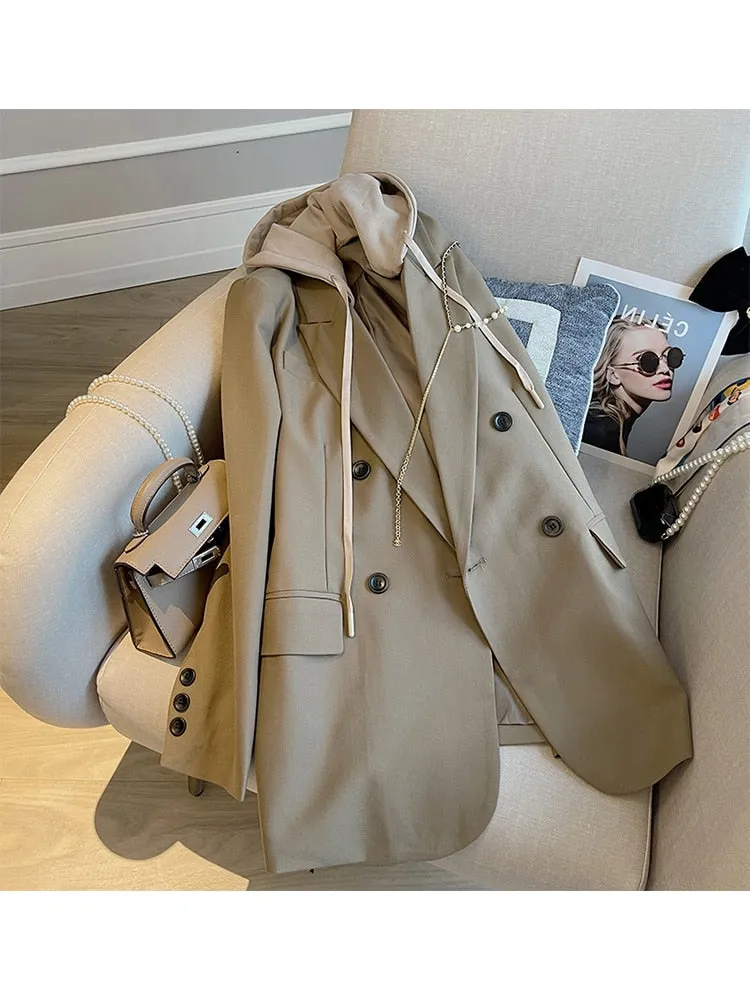 znbbw Women Khaki Double Breasted Patchwork Hooded Blazer New Fake Two Long Sleeve Loose Lace up Jacket Autumn Winter 2023 Female - Image 4