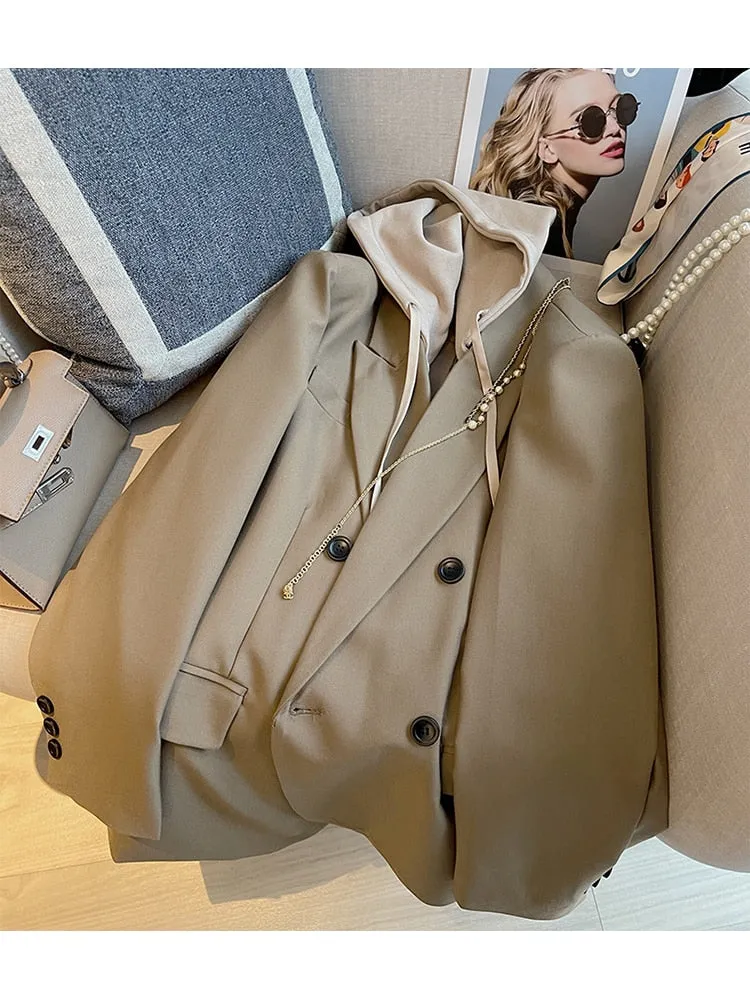 znbbw Women Khaki Double Breasted Patchwork Hooded Blazer New Fake Two Long Sleeve Loose Lace up Jacket Autumn Winter 2023 Female - Image 3