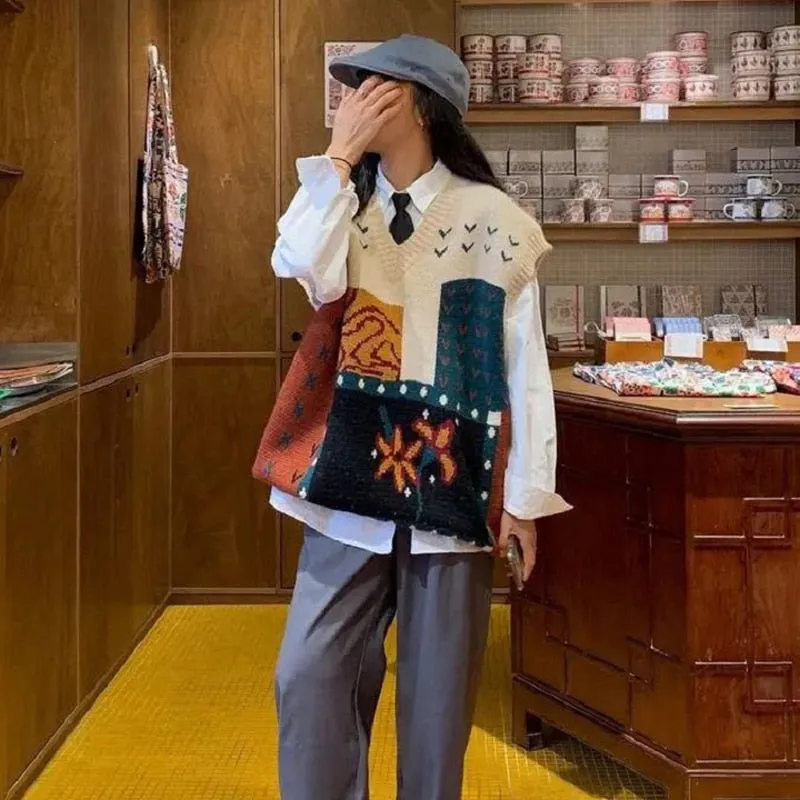 znbbw 2023 Autumn Street Style Patchowork Knit V Neck Women's Sweater Y2K Sleeveless Ladies Vest Winter Loose Female Clothing - Image 7